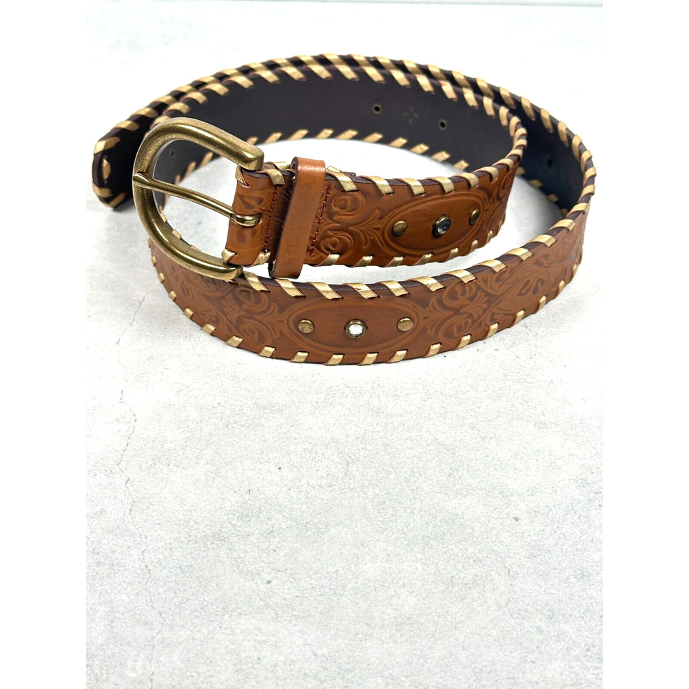 Western Belt Womens Brown Floral Tooled Rhinestone Coastal Cowgirl Rodeo 33-37"